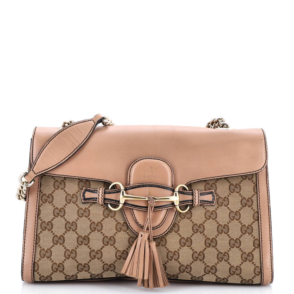 Gucci Medium Emily Chain Flap Shoulder Bag GG Canvas and Leather
